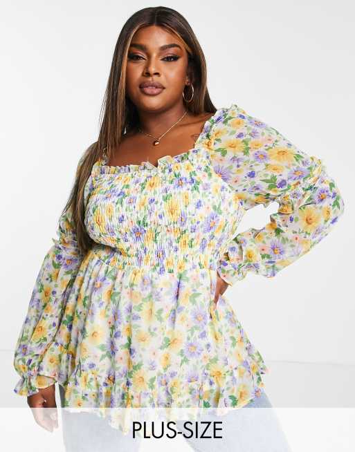 Simply Be square neck shirred long sleeve top in yellow floral | ASOS