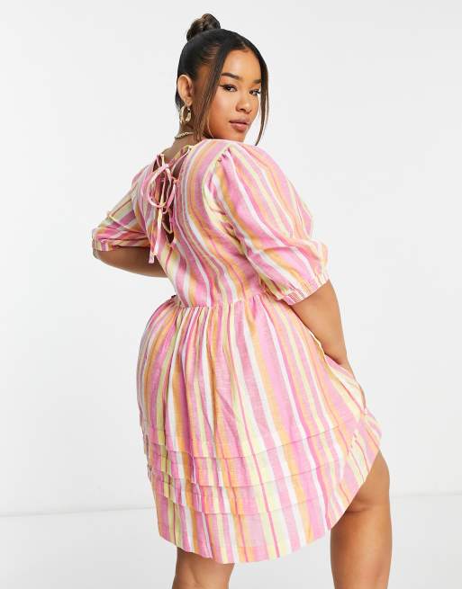 Simply Be striped linen mini dress in pink ASOS