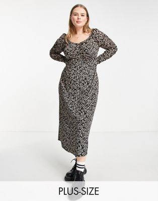 Simply Be ruched sleeve midi dress in black heart print