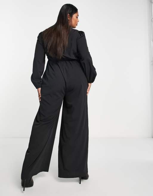 Simply Be – Svart jumpsuit med knäppning, vida ben och spetsdetalj, 3 av 4