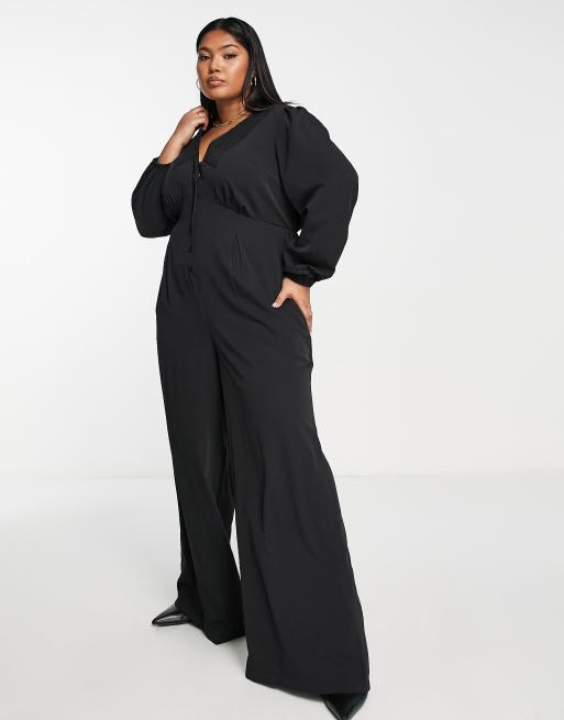 Simply Be – Svart jumpsuit med knäppning, vida ben och spetsdetalj, 4 av 4