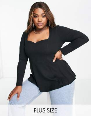  Simply Be sweetheart neck long sleeve peplum top in black - ASOS Price Checker