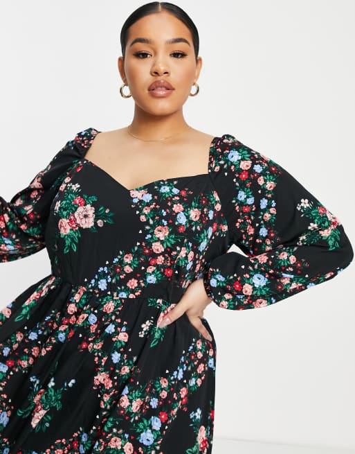 Simply Be sweetheart neck tiered midi dress in black floral