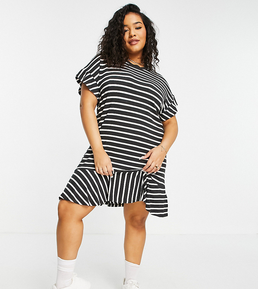 Simply Be T-shirt dress with frill hem in black and white stripe-Multi