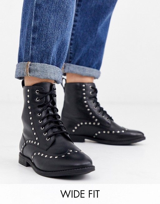 Simply Be tanya wide fit leather studded biker boot in black
