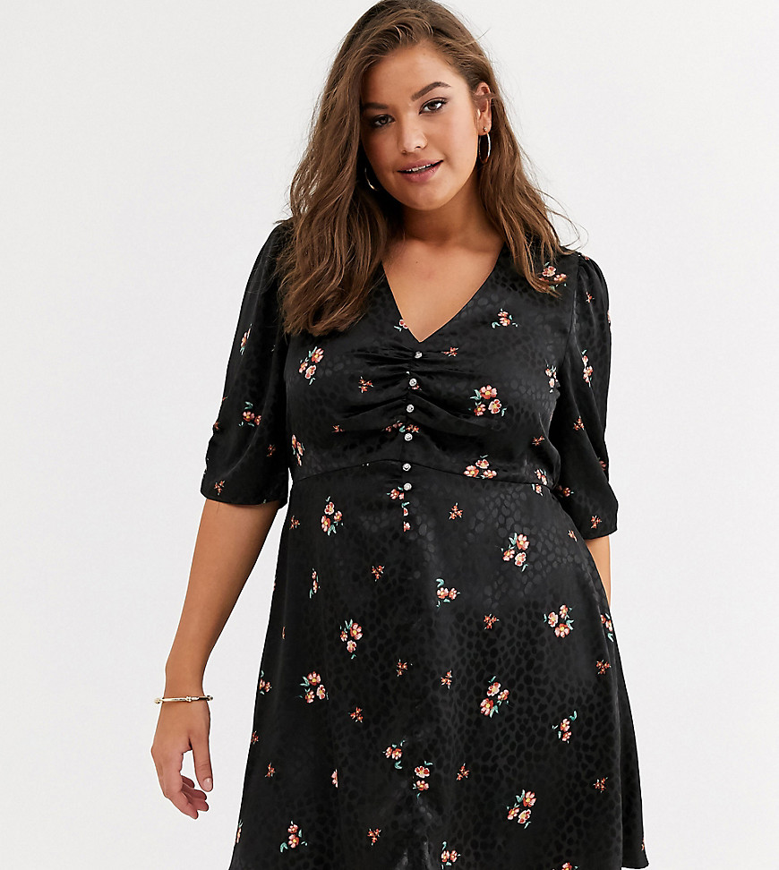 Simply Be tea dress with button detail in black jacquard ditsy floral-Multi