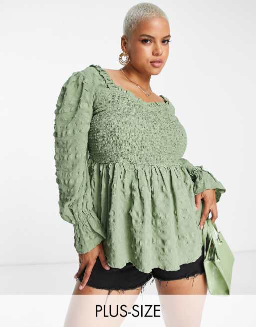 Simply Be textured square neck peplum top with shirring in khaki