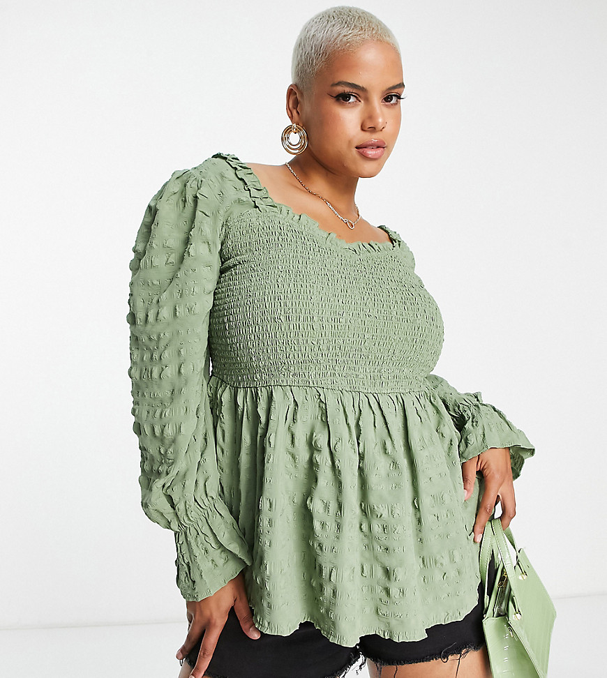 Simply Be Textured Square Neck Peplum Top With Shirring In Sage-Green