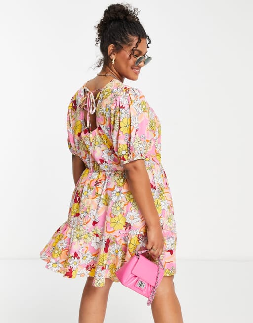 Simply Be tie back mini dress with puff sleeves in orange floral, 2 of 4