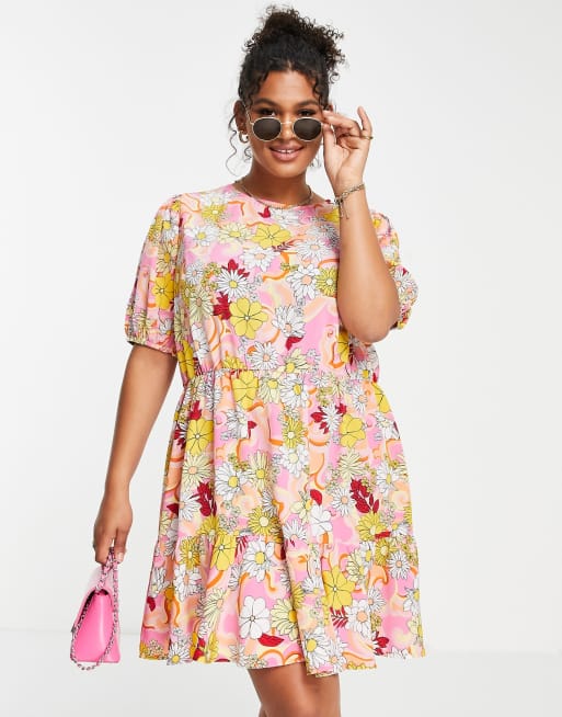 Simply Be tie back mini dress with puff sleeves in orange floral, 4 of 4