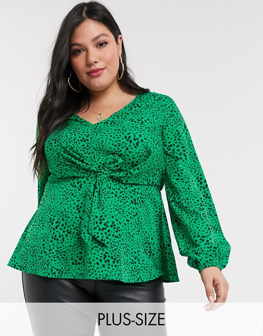 Simply Be tie front blouse in green polka print