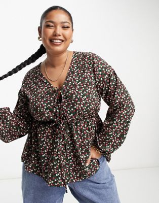 Simply Be tie front long sleeve peplum blouse in mixed floral - ASOS Price Checker