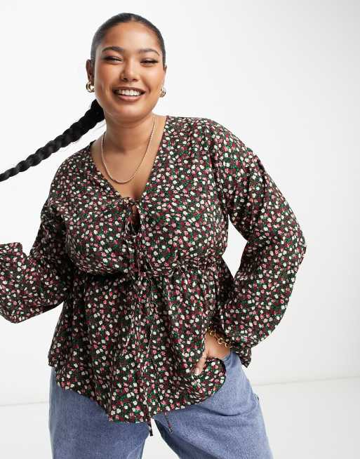 Plus Size Metallic Floral Blouson Sleeve Top