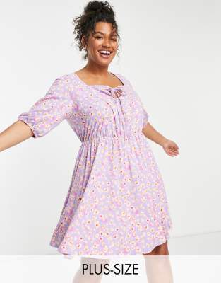 Simply Be Simply Be tie front mini skater dress in purple floral