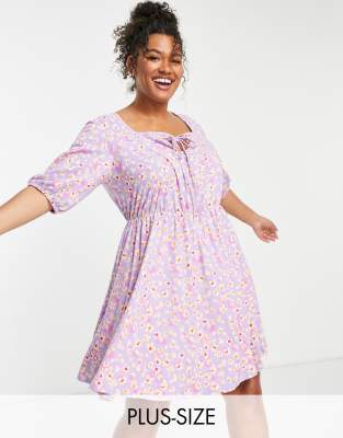 Simply Be tie front mini skater dress in purple floral - ASOS Price Checker