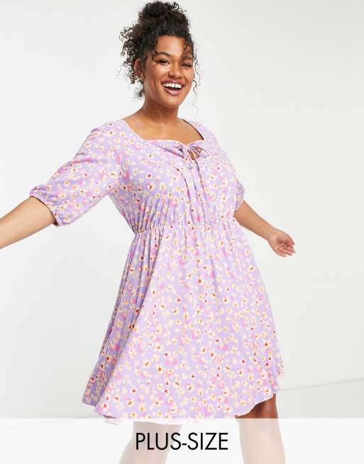 Simply Be tie front mini skater dress in purple floral | ASOS