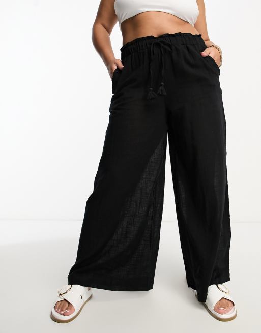 Simply Be tie waist wide leg beach pants in black | ASOS