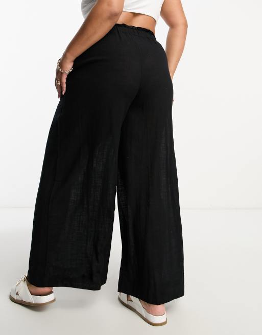 Simply Be tie waist wide leg beach pants in black, 2 of 4