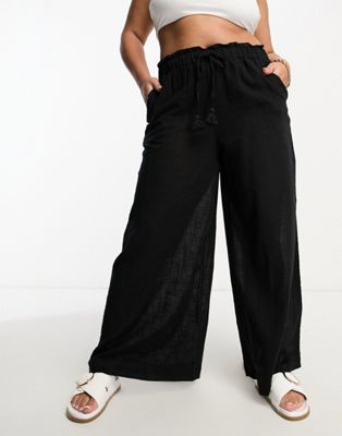 Simply Be tie waist wide leg beach trouser in black - ASOS Price Checker