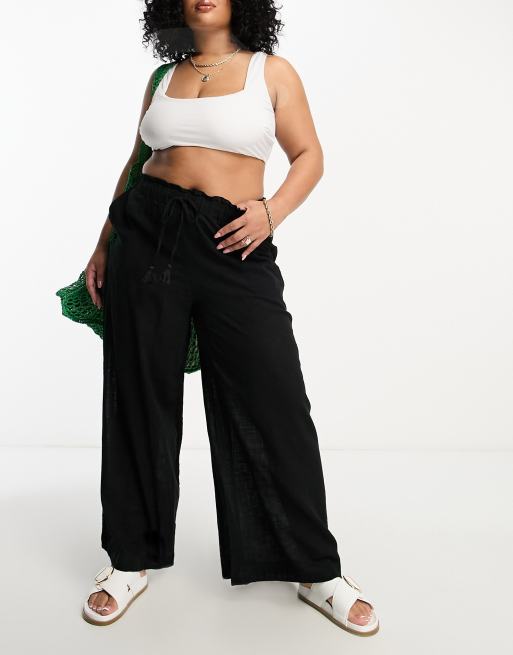 Simply Be tie waist wide leg beach trouser in black, 3 of 4