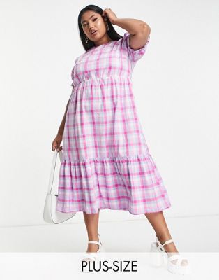 Simply Be tiered check midi smock dress in pink - ASOS Price Checker