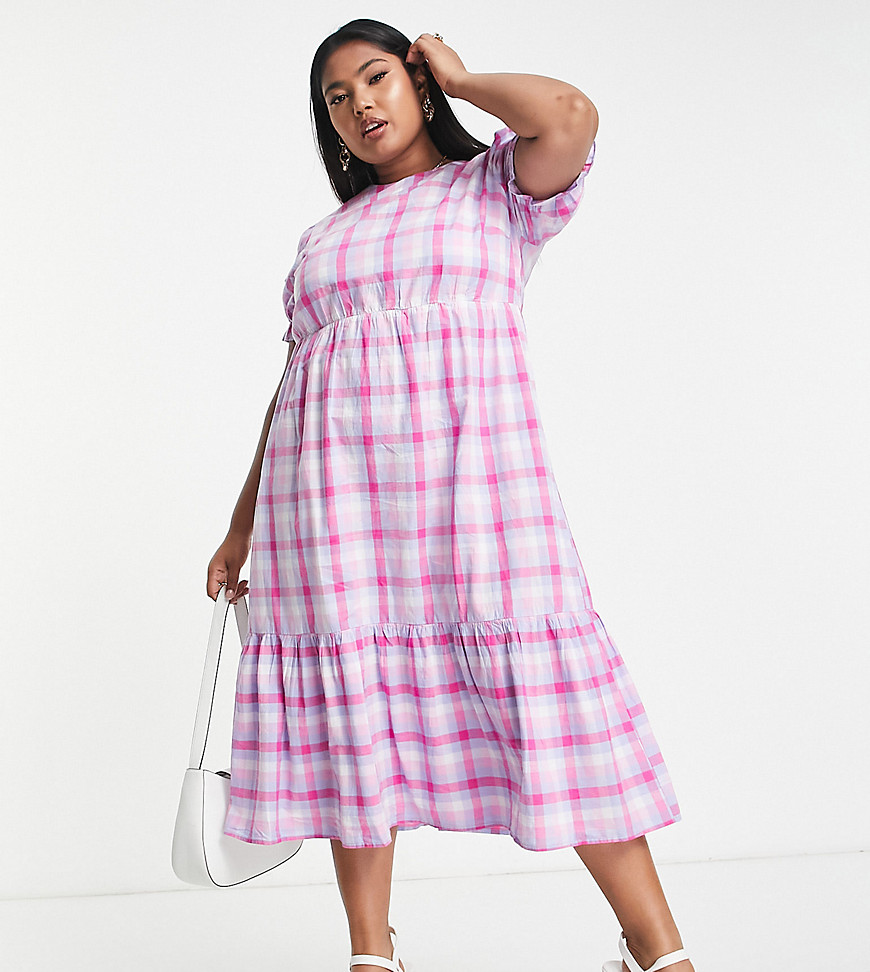 Tiered Check Midi Smock Dress In Pink