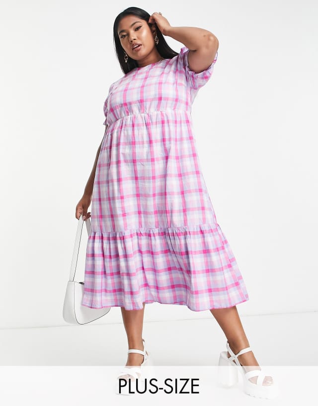 Simply Be Tiered Check Midi Smock Dress In Pink