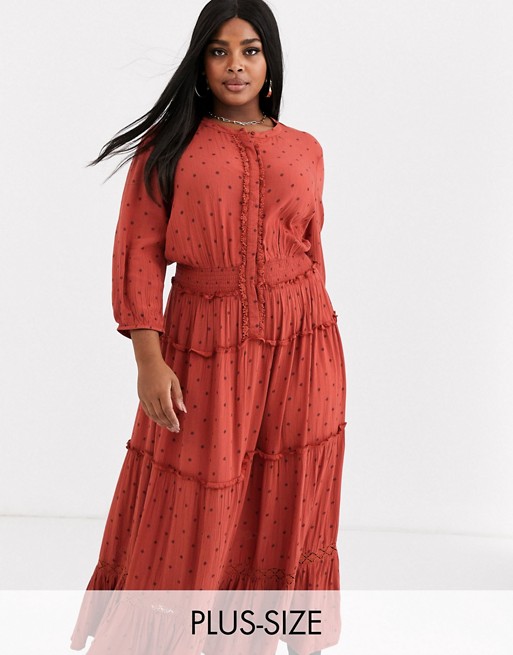 Simply Be tiered maxi dress in rust polka dot