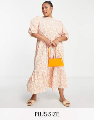 Simply Be Tiered Midi Dress In Orange Floral