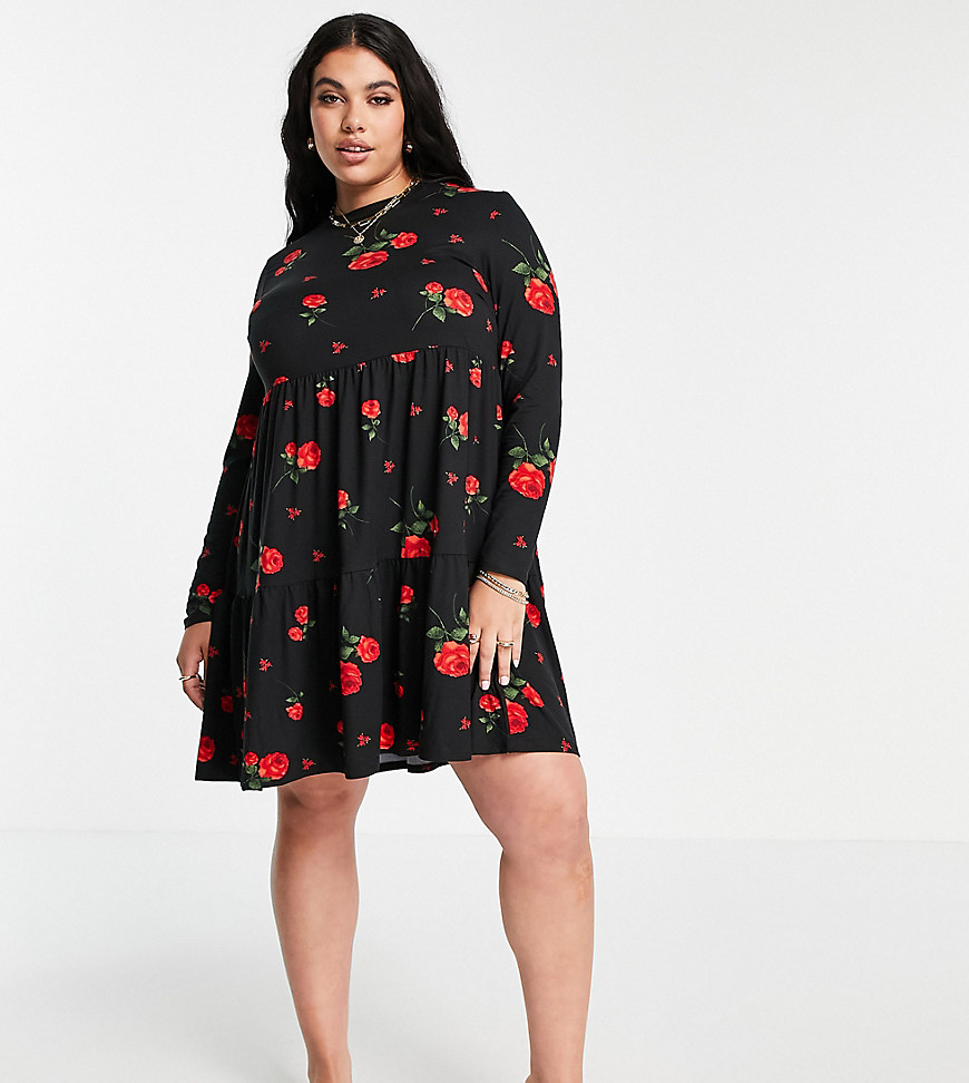 Simply Be tiered smock dress in rose print-Multi