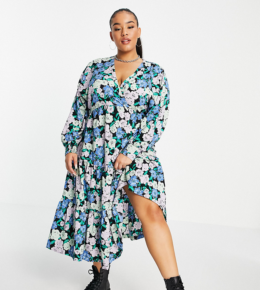 Simply Be tiered smock midi dress in floral print-Multi