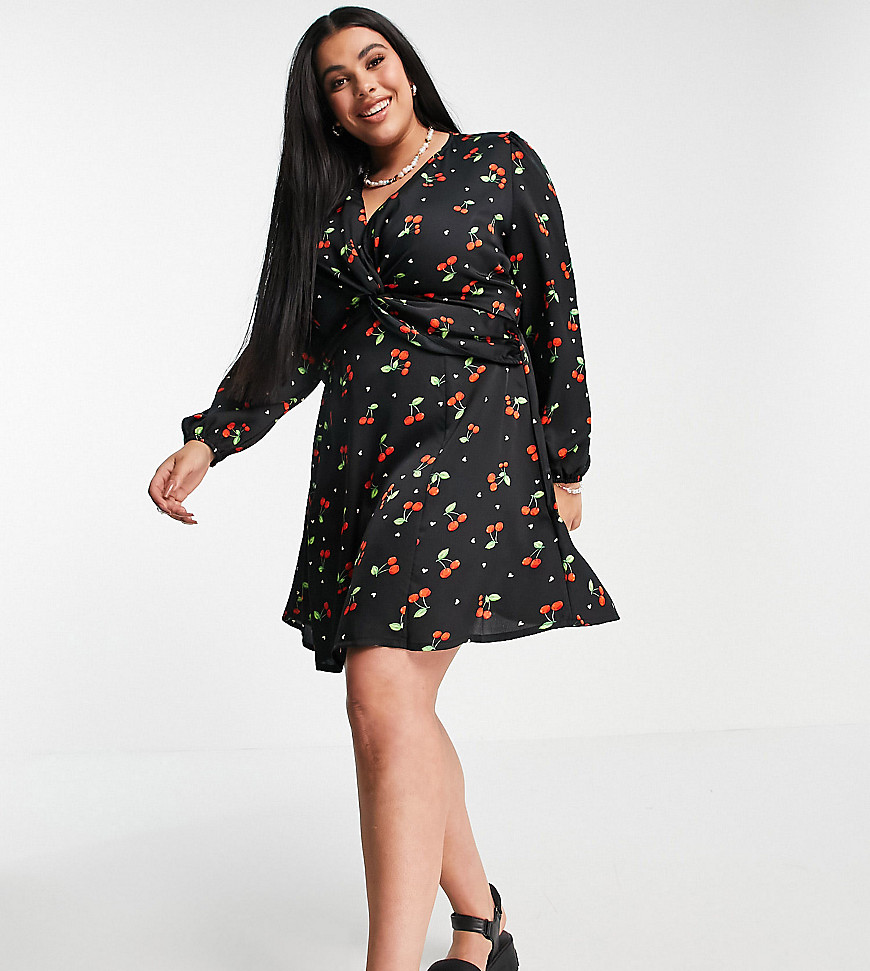 Simply Be twist front satin skater dress in black cherry print