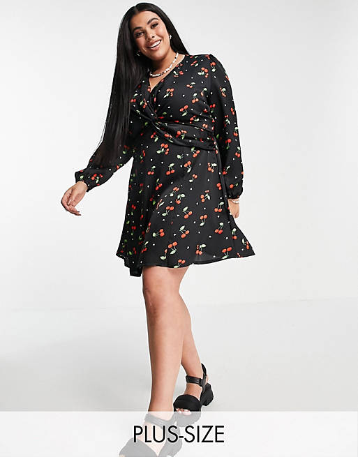 Simply Be twist front satin skater dress in black cherry print