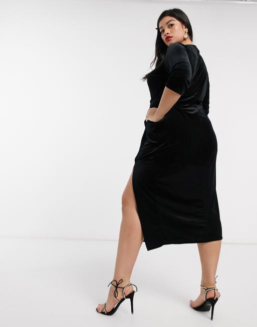 Simply Be twist front velour midi dress in black, 2 of 4