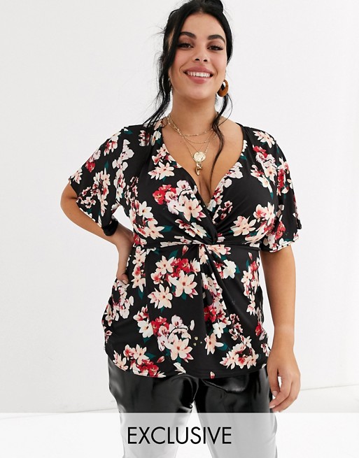 Simply Be twist knot front blouse in floral print