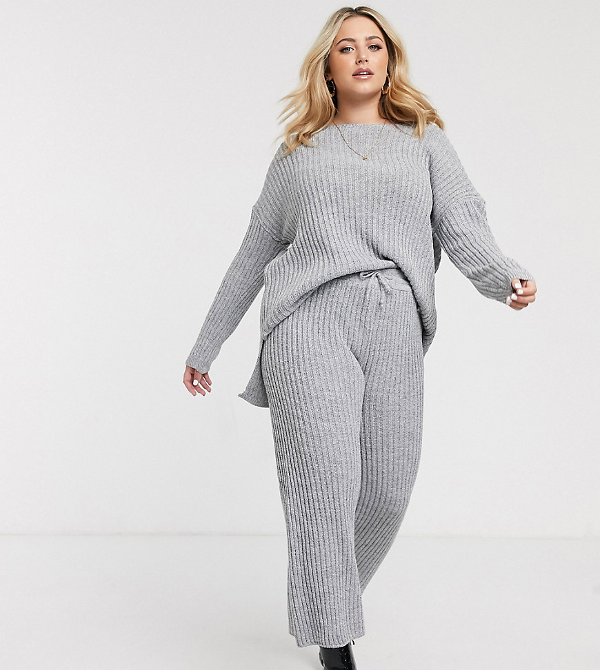 Simply Be two-piece knitted ribbed culottes in gray-White