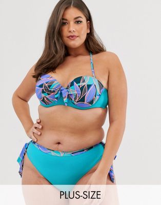 Simply Be underwired bikini top with removeable halterneck in blue palm print - ASOS Price Checker