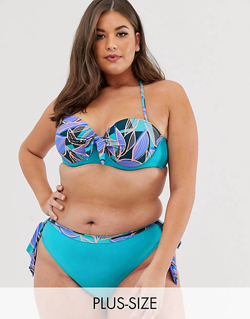 Simply Be underwired bikini top with removeable halterneck in blue palm print