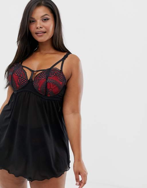 Simply Be underwired lace padded babydoll in black and red