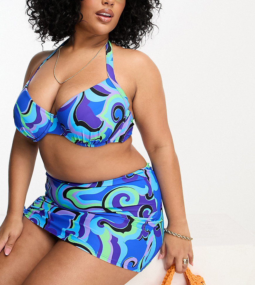 Simply Be underwired plunge bikini top in blue swirl print