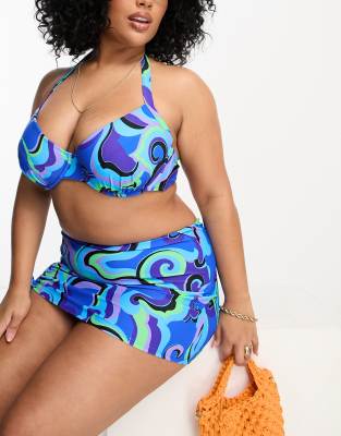 Simply Be underwired plunge bikini top in blue swirl print