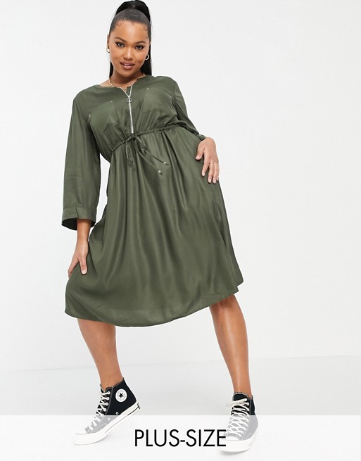 Simply Be utility dress with zip detail in khaki