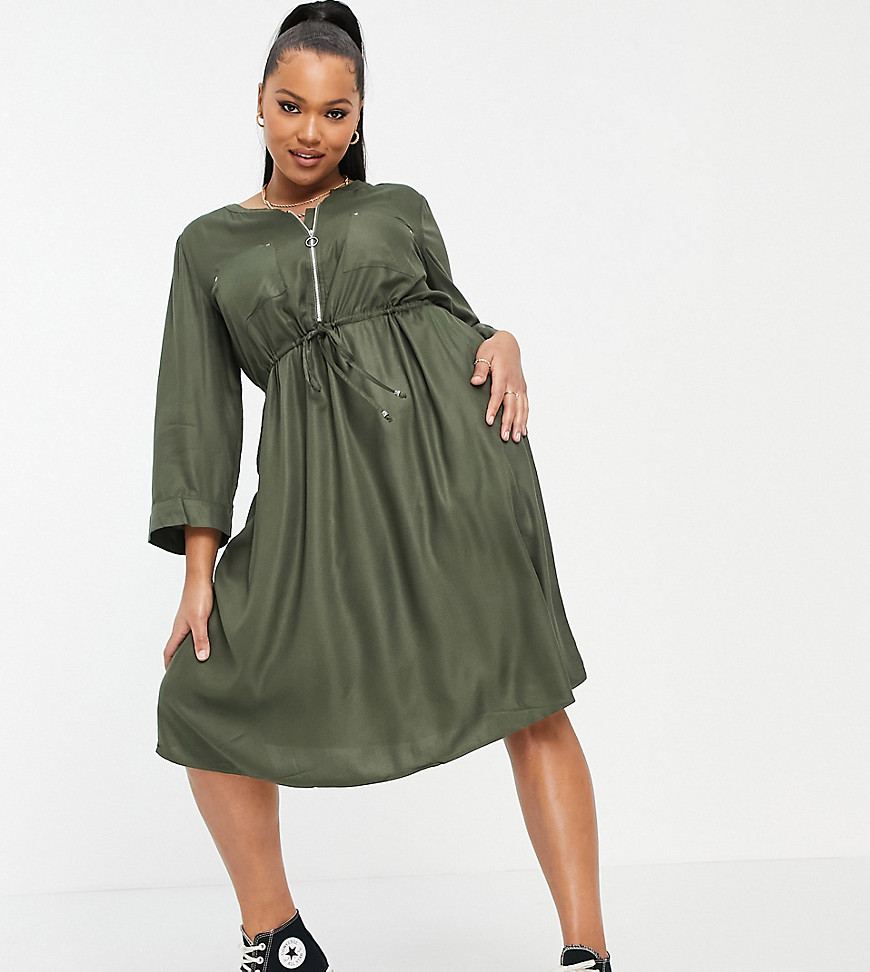 Simply Be utility dress with zip detail in khaki-Green
