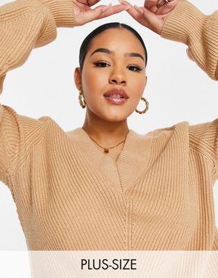 Simply Be V neck knitted jumper in camel