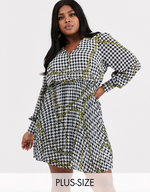 Simply Be v neck shirt dress with pleated skirt in chain print