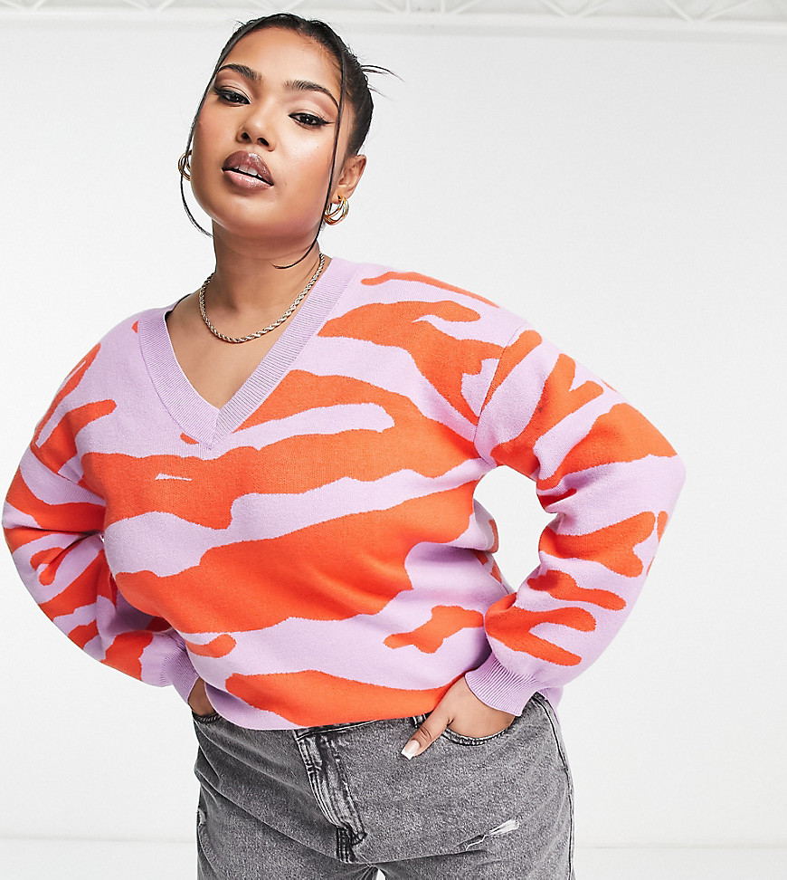 Simply Be v neck zebra print sweater in purple and orange-Multi
