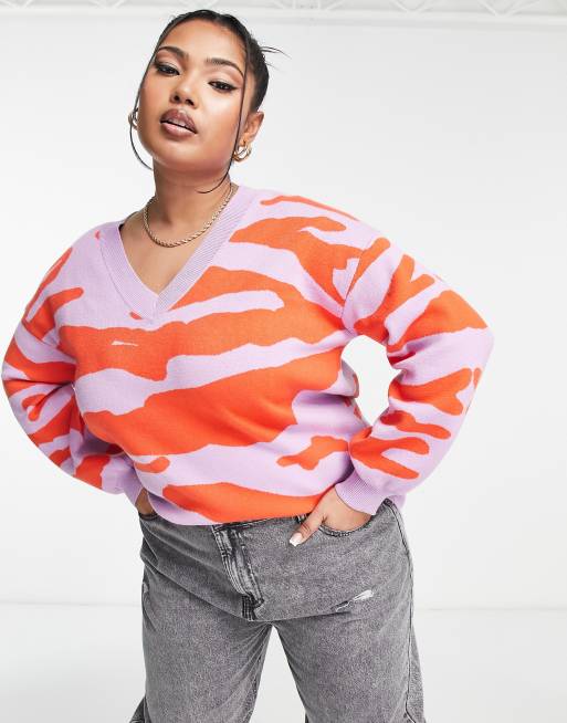 Simply Be v neck zebra print sweater in purple and orange ASOS