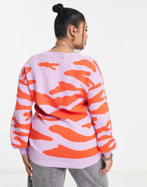 Simply Be v neck zebra print sweater in purple and orange