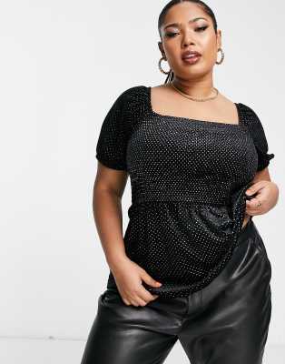 Simply Be velour ruched sleeve peplum top in black