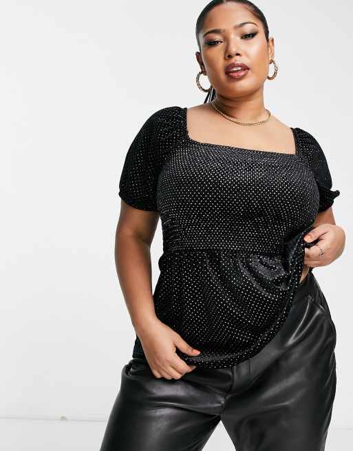 Simply Be velour ruched sleeve peplum top in black | ASOS